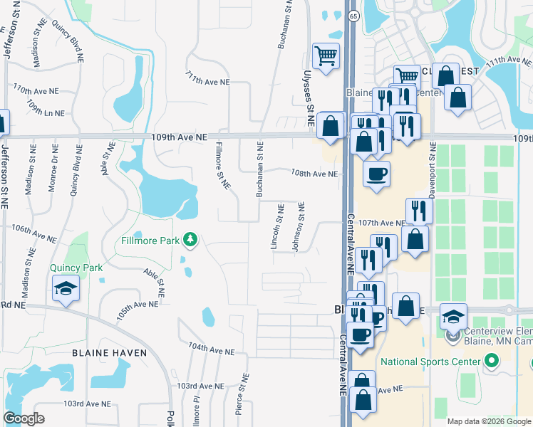 map of restaurants, bars, coffee shops, grocery stores, and more near 10729 Buchanan Street Northeast in Blaine