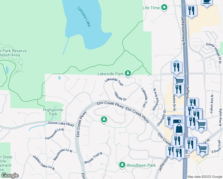 map of restaurants, bars, coffee shops, grocery stores, and more near 9533 Hillside Drive in Champlin