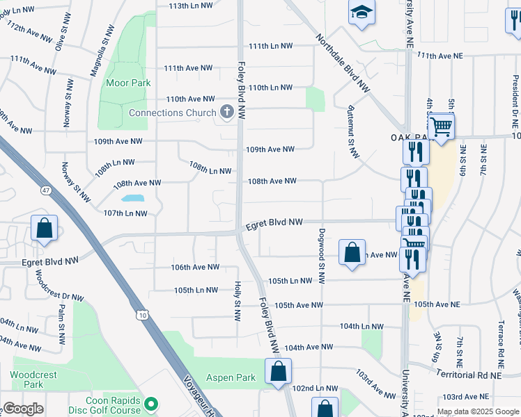 map of restaurants, bars, coffee shops, grocery stores, and more near 388 107th Lane Northwest in Minneapolis