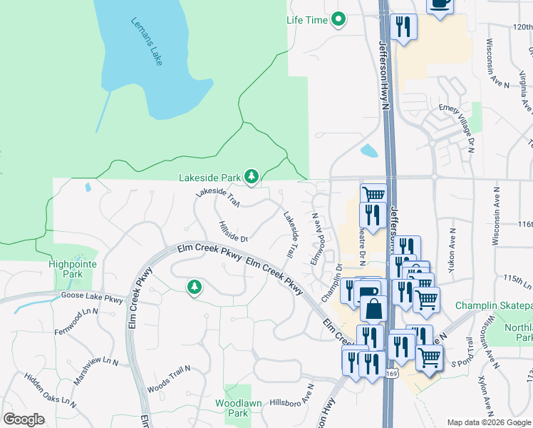 map of restaurants, bars, coffee shops, grocery stores, and more near 9312 Hillside Dr N in Champlin