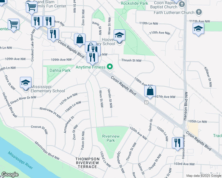map of restaurants, bars, coffee shops, grocery stores, and more near 10679 Verdin Street Northwest in Coon Rapids