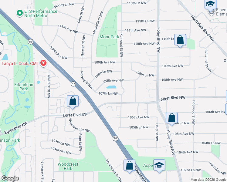 map of restaurants, bars, coffee shops, grocery stores, and more near 655 107th Lane Northwest in Minneapolis