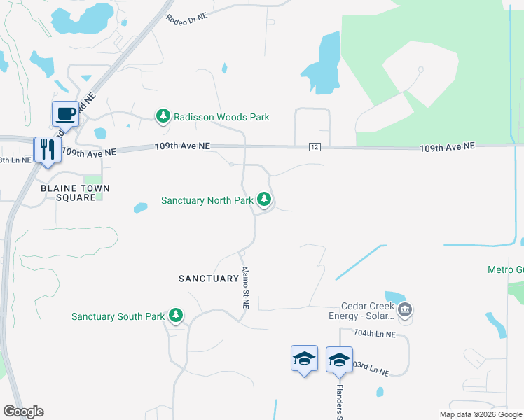 map of restaurants, bars, coffee shops, grocery stores, and more near 10713 Sanctuary Drive Northeast in Minneapolis