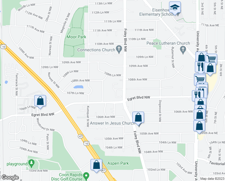 map of restaurants, bars, coffee shops, grocery stores, and more near 10734 Ilex Street Northwest in Coon Rapids