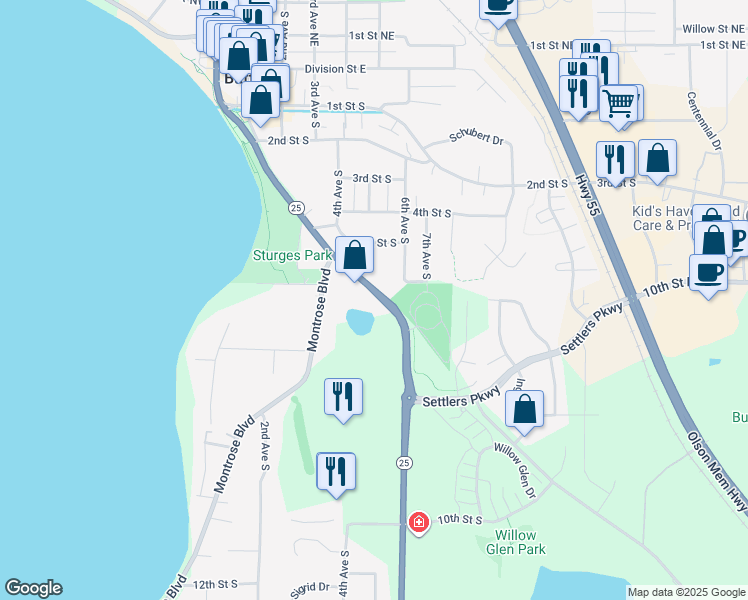 map of restaurants, bars, coffee shops, grocery stores, and more near 607 Lake Boulevard South in Buffalo