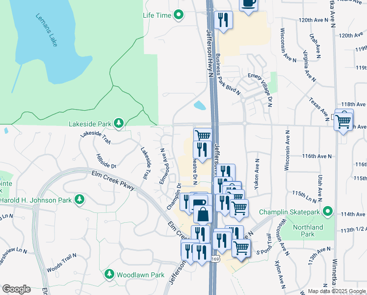 map of restaurants, bars, coffee shops, grocery stores, and more near 11635 Theatre Drive North in Champlin