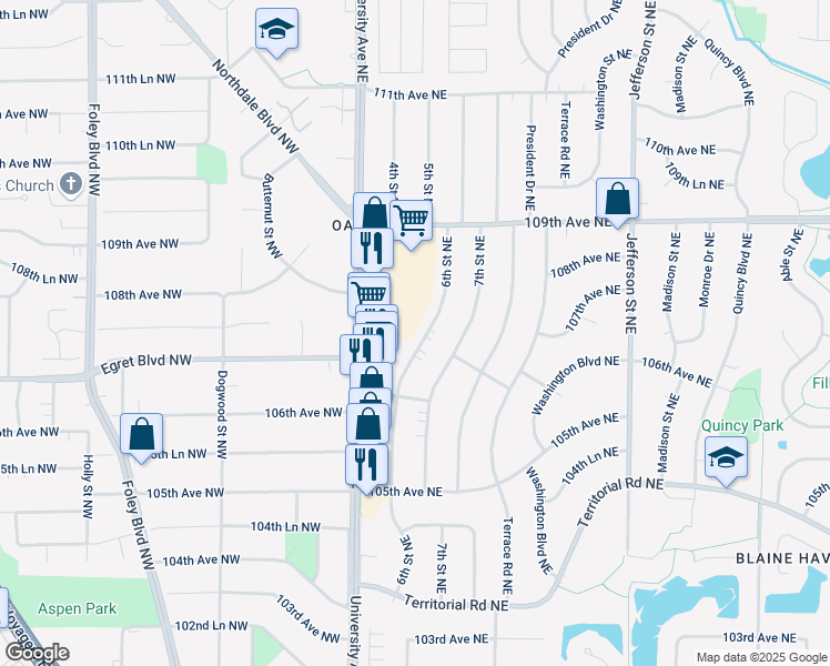 map of restaurants, bars, coffee shops, grocery stores, and more near 10720 6th Street Northeast in Blaine