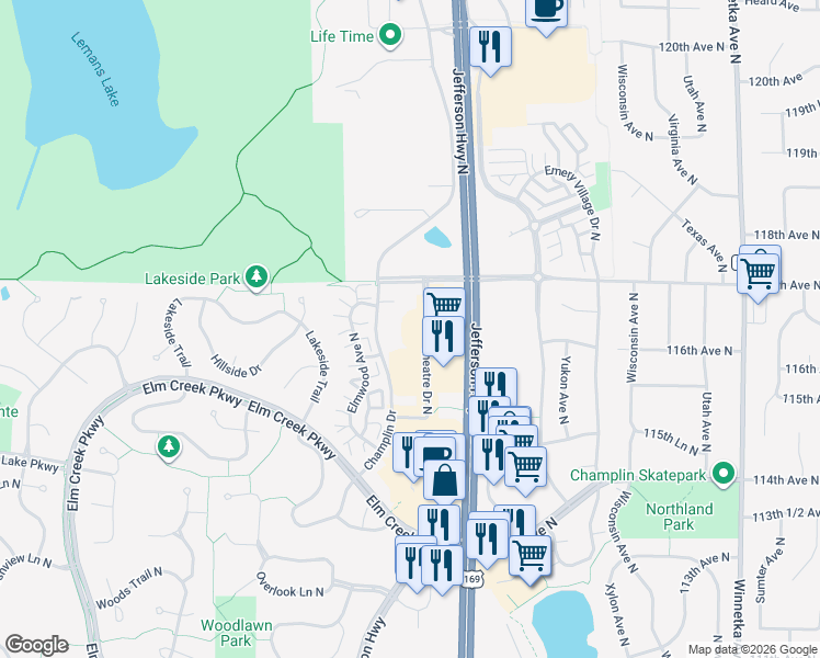 map of restaurants, bars, coffee shops, grocery stores, and more near in Champlin