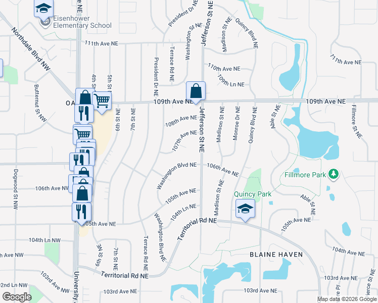 map of restaurants, bars, coffee shops, grocery stores, and more near 330 107th Circle Northeast in Blaine