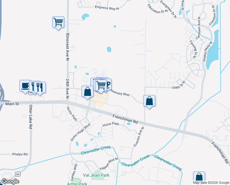map of restaurants, bars, coffee shops, grocery stores, and more near 4631 Rosemary Way in Hugo