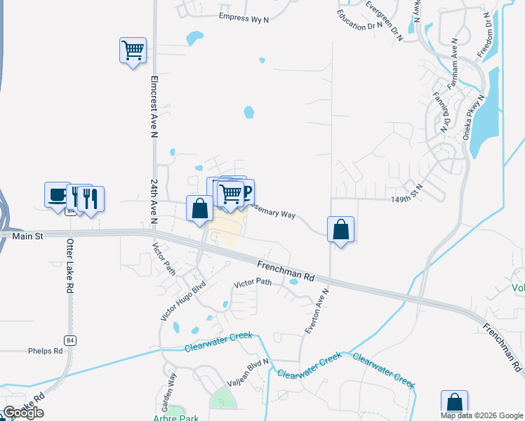 map of restaurants, bars, coffee shops, grocery stores, and more near 4631 Rosemary Way in Hugo