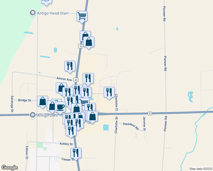 map of restaurants, bars, coffee shops, grocery stores, and more near 300 Prosser Place in Antigo