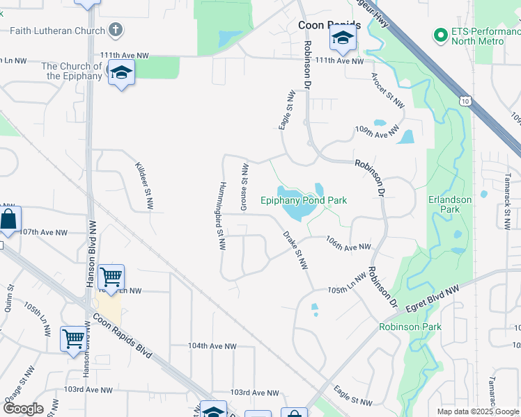 map of restaurants, bars, coffee shops, grocery stores, and more near 1595 107th Avenue Northwest in Coon Rapids