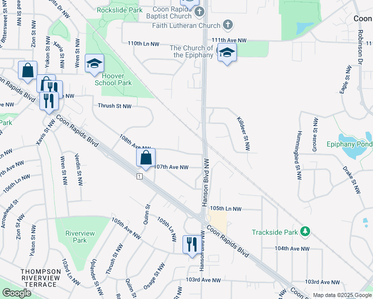 map of restaurants, bars, coffee shops, grocery stores, and more near 2041 108th Avenue Northwest in Coon Rapids