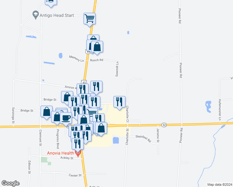 map of restaurants, bars, coffee shops, grocery stores, and more near 300 Prosser Place in Antigo