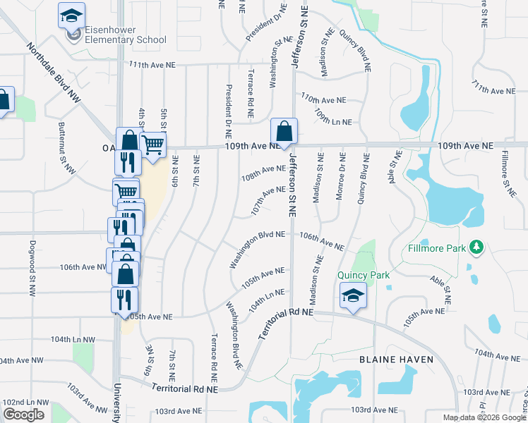 map of restaurants, bars, coffee shops, grocery stores, and more near 318 107th Avenue Northeast in Blaine