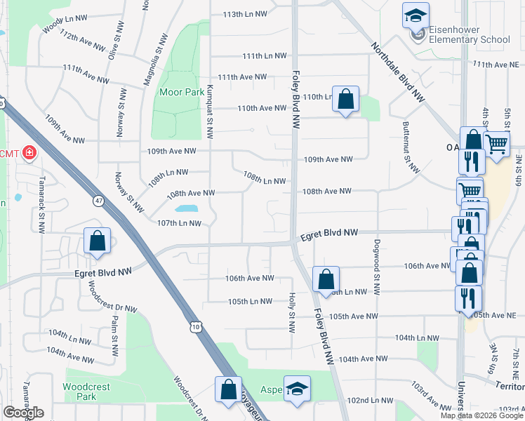 map of restaurants, bars, coffee shops, grocery stores, and more near 10721 Juniper Street Northwest in Minneapolis