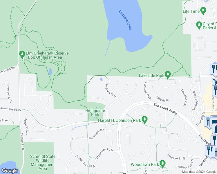 map of restaurants, bars, coffee shops, grocery stores, and more near 11638 Pondview Court North in Champlin