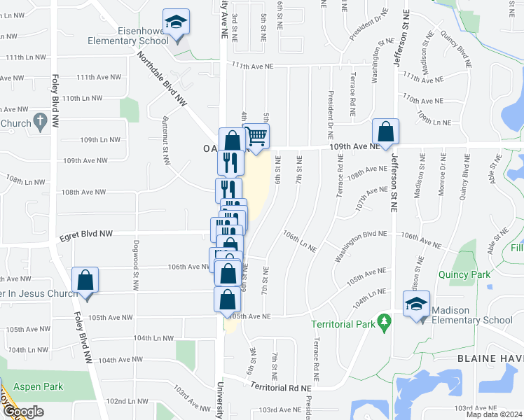 map of restaurants, bars, coffee shops, grocery stores, and more near 10720 6th Street Northeast in Blaine