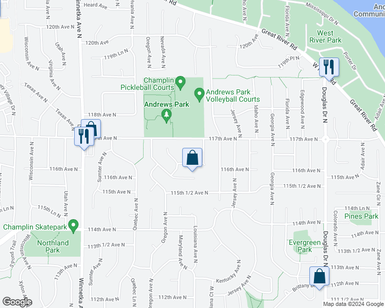 map of restaurants, bars, coffee shops, grocery stores, and more near 11626 Maryland Lane in Champlin