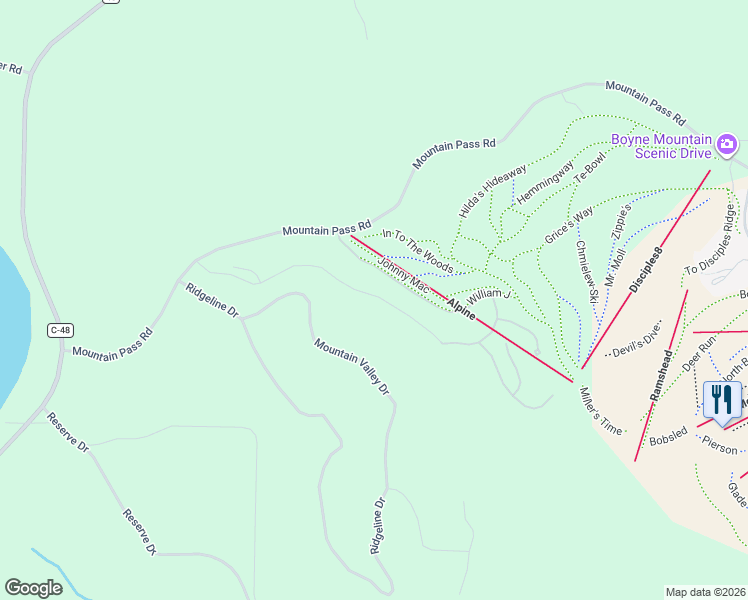 map of restaurants, bars, coffee shops, grocery stores, and more near Powder Ridge in Boyne Falls