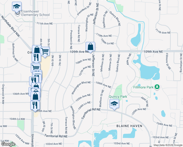 map of restaurants, bars, coffee shops, grocery stores, and more near 330 107th Circle Northeast in Blaine