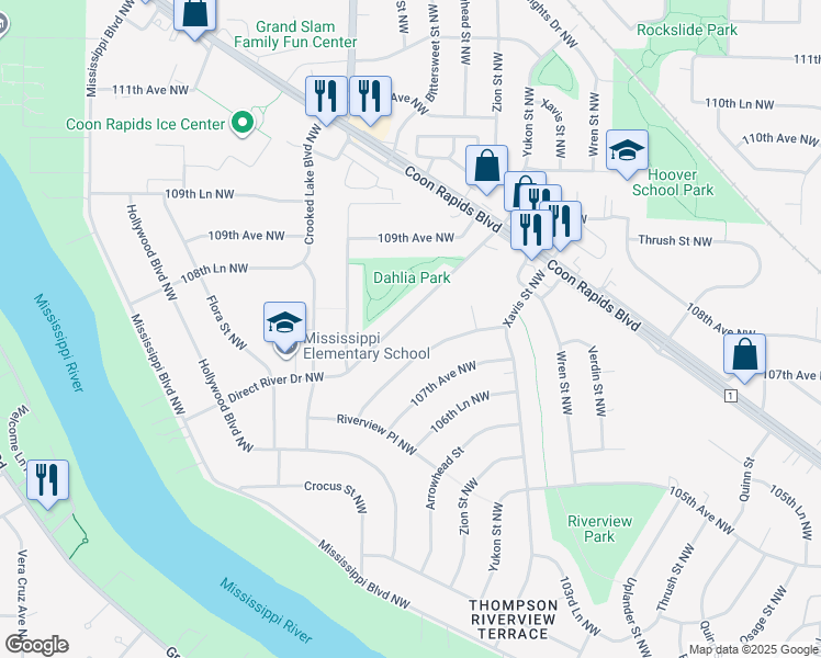 map of restaurants, bars, coffee shops, grocery stores, and more near 2689 107th Lane Northwest in Coon Rapids