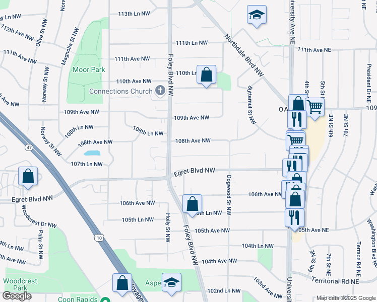 map of restaurants, bars, coffee shops, grocery stores, and more near 310 107th Lane Northwest in Minneapolis