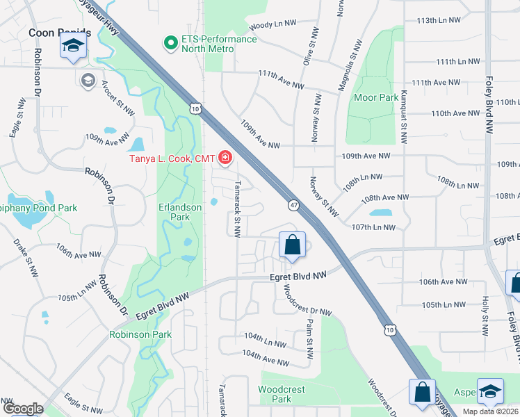 map of restaurants, bars, coffee shops, grocery stores, and more near 10749 Tamarack Circle in Coon Rapids