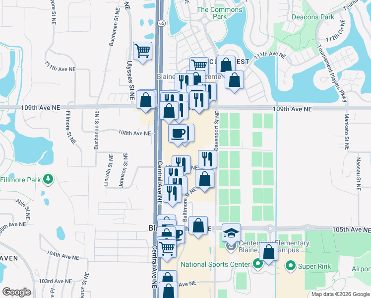 map of restaurants, bars, coffee shops, grocery stores, and more near 1471-1499 107th Avenue Northeast in Blaine