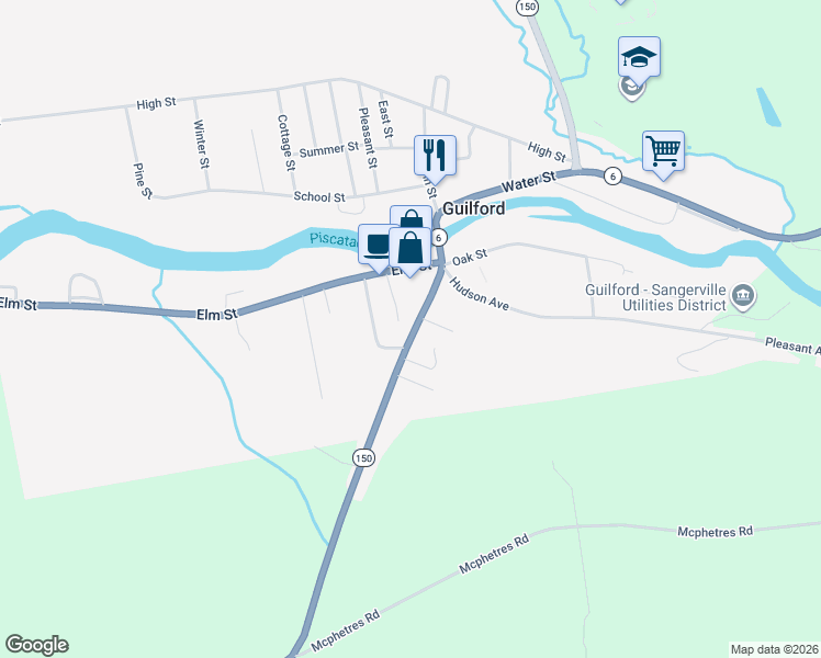 map of restaurants, bars, coffee shops, grocery stores, and more near 26 South Main Street in Guilford