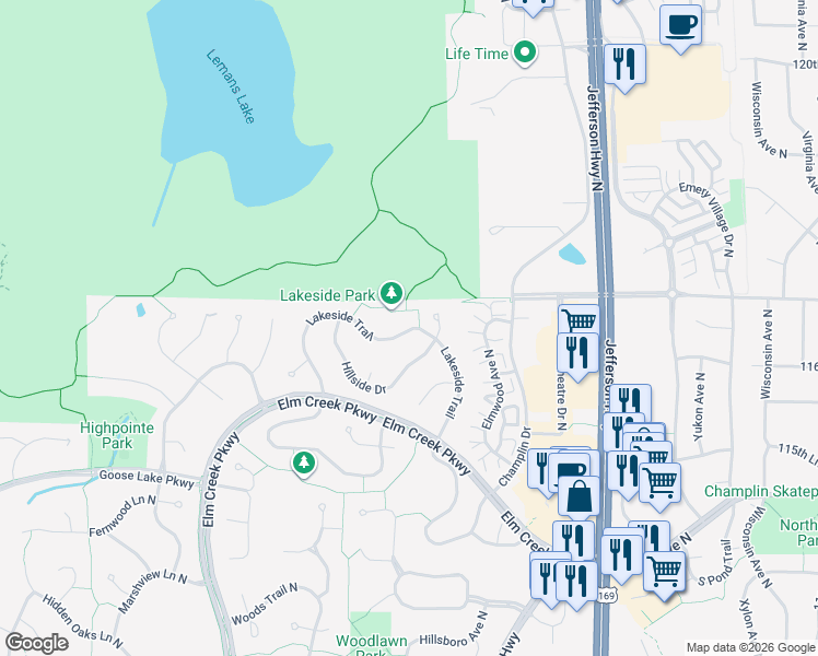 map of restaurants, bars, coffee shops, grocery stores, and more near 9312 Hillside Drive in Champlin