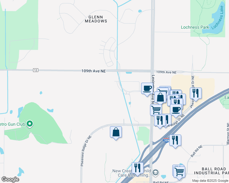 map of restaurants, bars, coffee shops, grocery stores, and more near 10826 Austin Street Northeast in Blaine