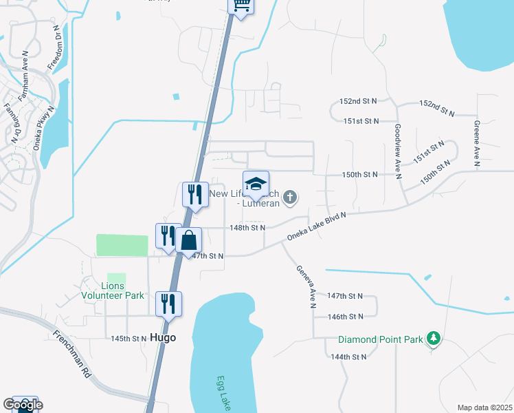 map of restaurants, bars, coffee shops, grocery stores, and more near 14895 Francesca Avenue North in Hugo