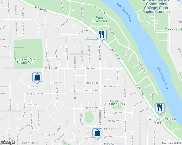 map of restaurants, bars, coffee shops, grocery stores, and more near 11641 Edgewood Avenue North in Champlin
