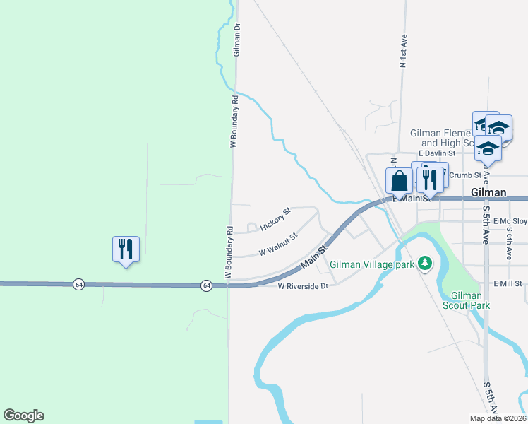 map of restaurants, bars, coffee shops, grocery stores, and more near 600 Hickory Street in Gilman
