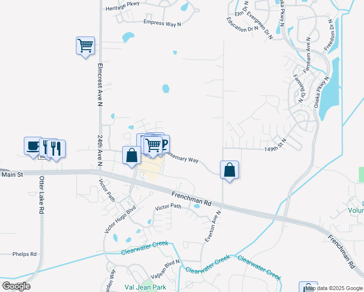 map of restaurants, bars, coffee shops, grocery stores, and more near 4503 Rosemary Way in Hugo