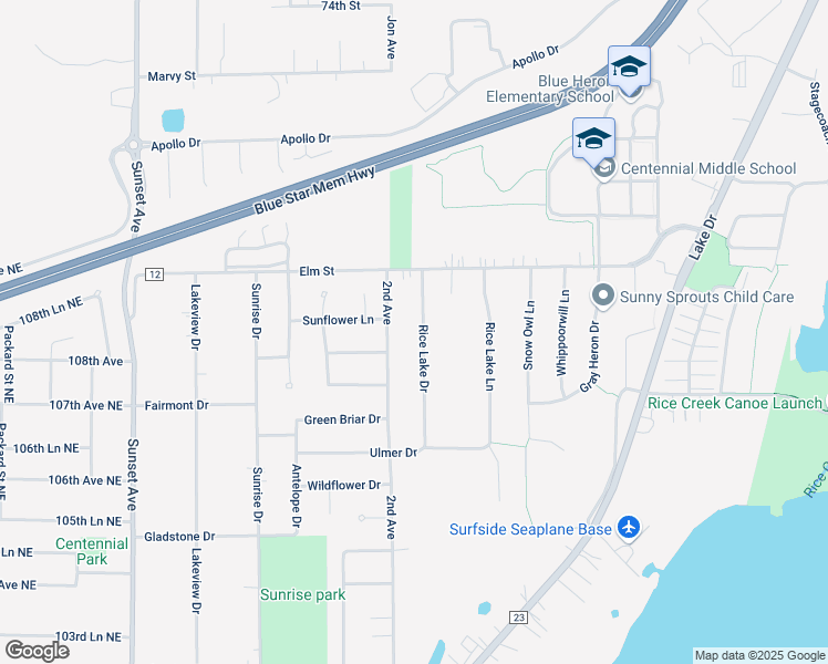 map of restaurants, bars, coffee shops, grocery stores, and more near 7157 Rice Lake Drive in Circle Pines