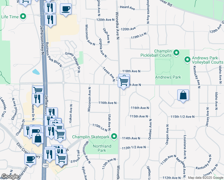 map of restaurants, bars, coffee shops, grocery stores, and more near in Champlin