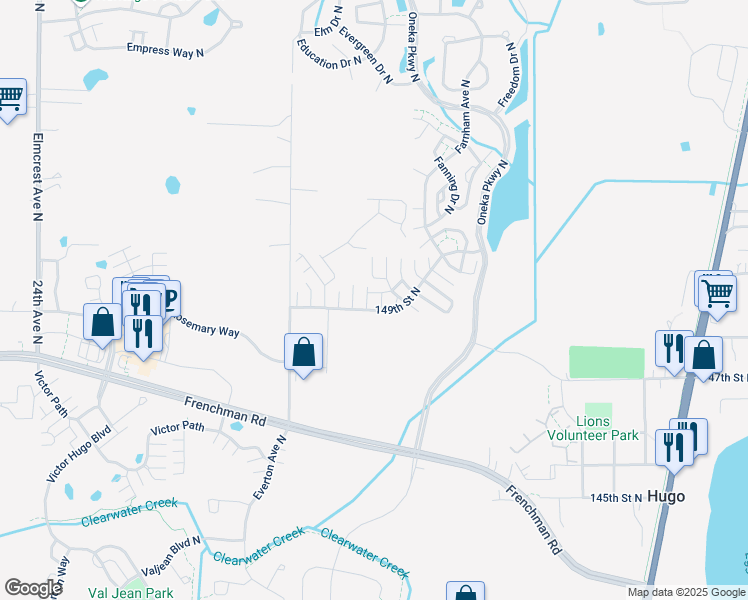 map of restaurants, bars, coffee shops, grocery stores, and more near 4940 149th Street North in Hugo