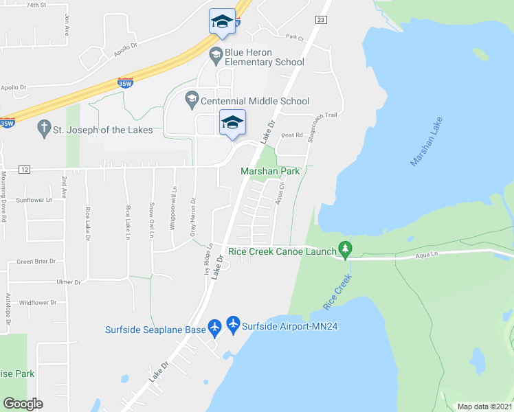 map of restaurants, bars, coffee shops, grocery stores, and more near 437 Aqua Circle in Lino Lakes