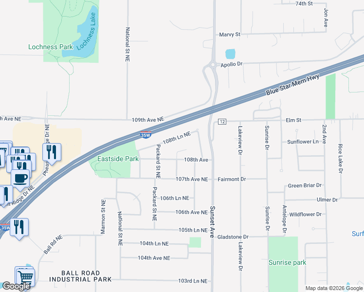map of restaurants, bars, coffee shops, grocery stores, and more near 4884 108th Lane Northeast in Circle Pines