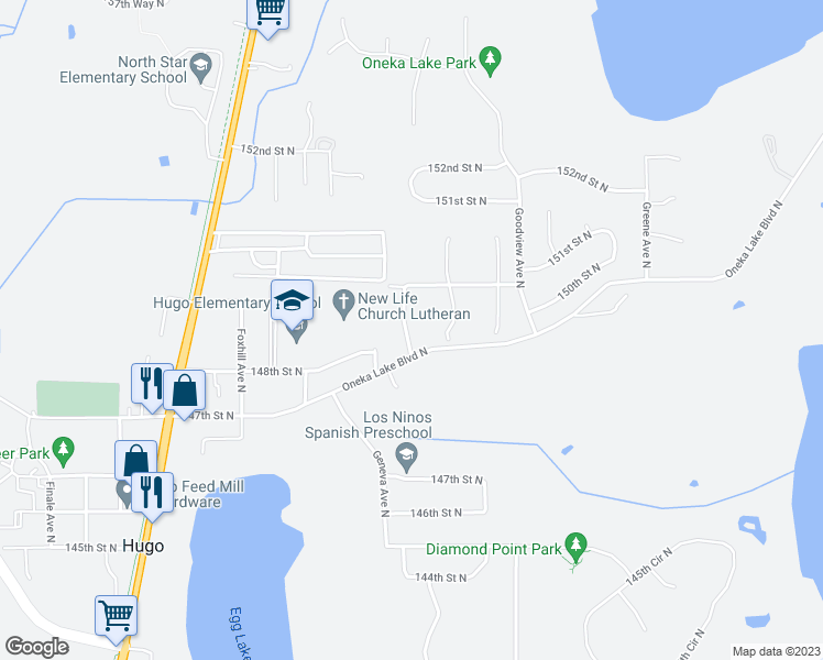 map of restaurants, bars, coffee shops, grocery stores, and more near 14919 Generation Avenue North in Hugo