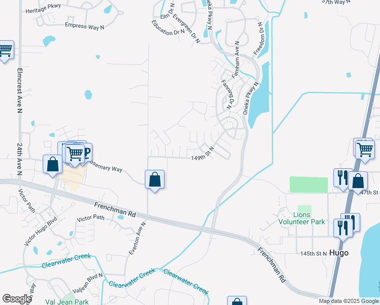 map of restaurants, bars, coffee shops, grocery stores, and more near 4960 149th Street North in Hugo