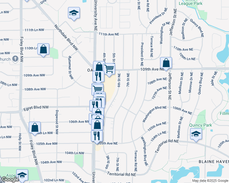 map of restaurants, bars, coffee shops, grocery stores, and more near 10809 University Avenue Northeast in Blaine