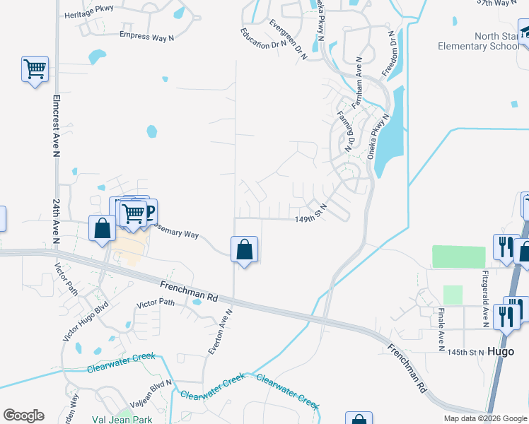 map of restaurants, bars, coffee shops, grocery stores, and more near 4860 149th Street North in Hugo