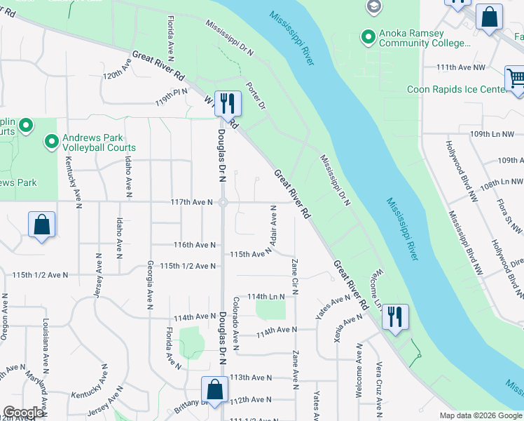 map of restaurants, bars, coffee shops, grocery stores, and more near 6017 117th Avenue North in Champlin