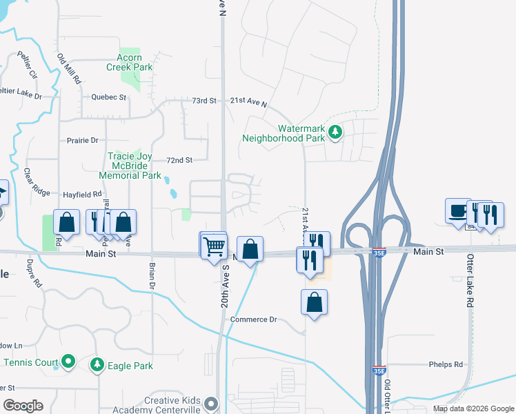 map of restaurants, bars, coffee shops, grocery stores, and more near 2058 Willow Circle in Centerville