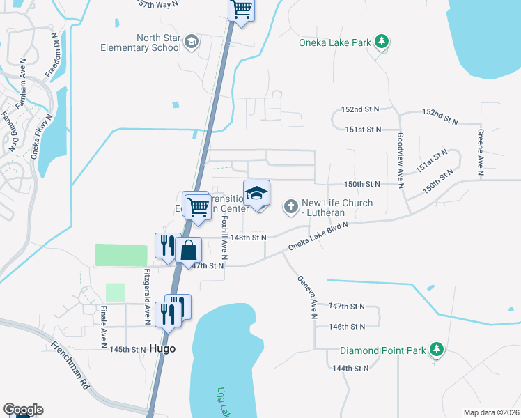 map of restaurants, bars, coffee shops, grocery stores, and more near 14895 Francesca Avenue North in Hugo