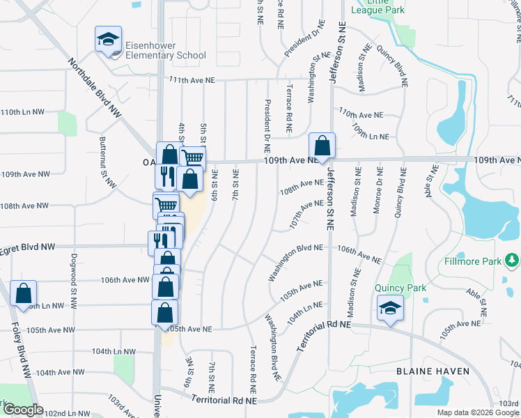 map of restaurants, bars, coffee shops, grocery stores, and more near 10757 President Drive Northeast in Blaine